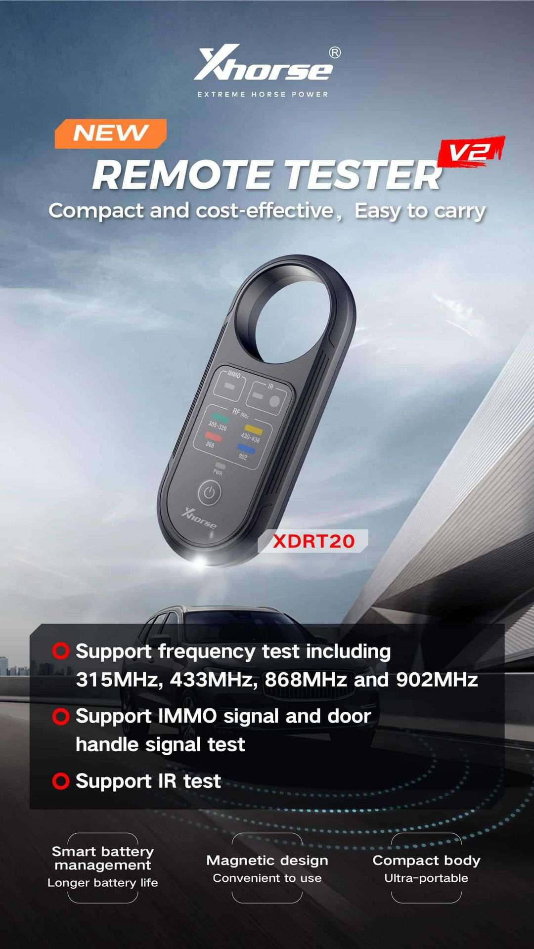 Xhorse Frequency Tester V2 - XDRT20 covering the most common automotive and security frequencies—315Mhz, 433Mhz, 868Mhz, 902Mhz,
